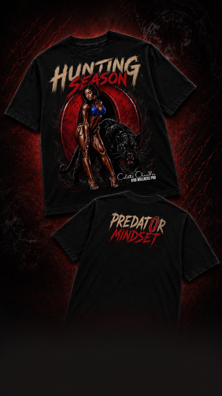 Hunting Season front and Predator Mindset back t-shirt design featuring Celeste Chandler and a black panther